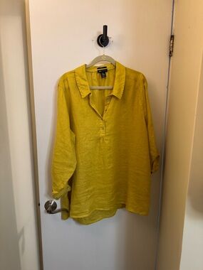 Jones New York Yellow Linen Button-Front Tunic Top